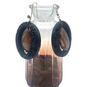 Statement‎ Earrings Black Carved Oval Dangle Red Stone Boho Chic Jewelry